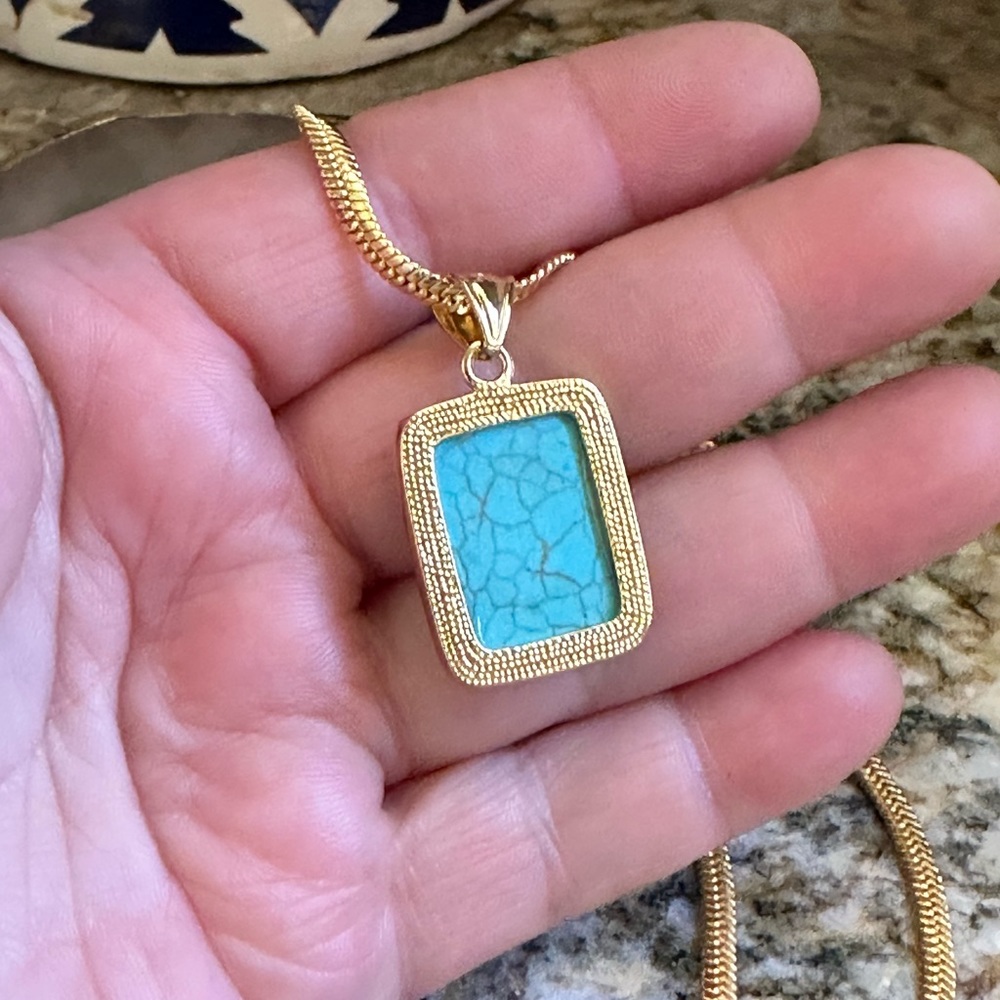 Gold Herringbone Turquoise Pendant Necklace - Picture 5 of 8